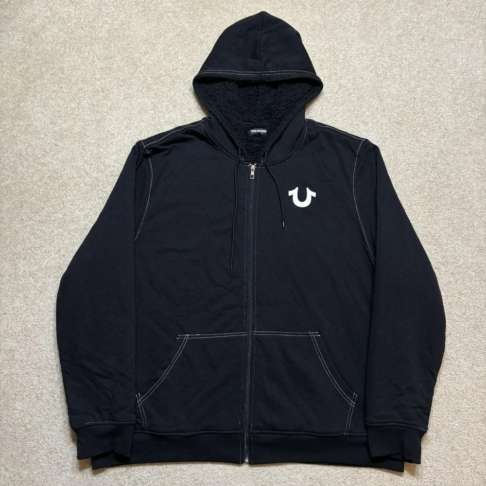 True Religion Hoodie Sweatshirt Mens 3XL Black Logo Seal Sherpa Full Zip Buddha